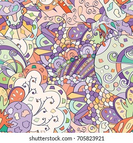 Tracery seamless pattern. Mehndi design. Ethnic colorful doodle texture. Curved doodling background. Vector