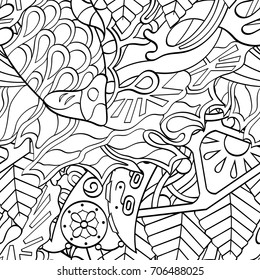 Tracery seamless pattern. Mehndi design. Ethnic monochrome binary doodle texture. Curved doodling black and white background. Vector