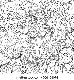 Tracery seamless pattern. Mehndi design. Ethnic monochrome binary doodle texture. Curved doodling black and white background. Vector