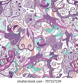 Tracery seamless pattern. Mehndi design. Ethnic colorful doodle texture. Curved doodling background. Vector