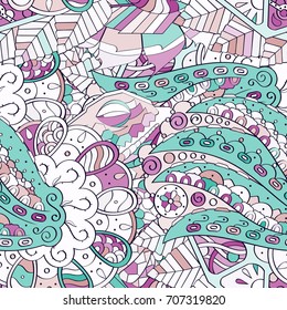 Tracery seamless pattern. Mehndi design. Ethnic colorful doodle texture. Curved doodling background. Vector