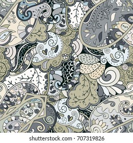 Tracery seamless pattern. Mehndi design. Ethnic colorful doodle texture. Curved doodling background. Vector