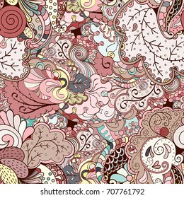 Tracery seamless pattern. Mehndi design. Ethnic colorful doodle texture. Curved doodling background. Vector