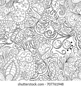 Tracery seamless pattern. Mehndi design. Ethnic monochrome binary doodle texture. Curved doodling black and white background. Vector