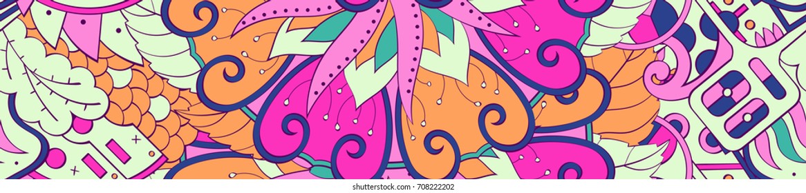 Tracery seamless pattern. Mehndi design. Ethnic colorful doodle texture. Curved doodling background. Vector