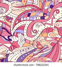 Tracery seamless pattern. Mehndi design. Ethnic colorful doodle texture. Curved doodling background. Vector