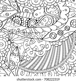 Tracery seamless pattern. Mehndi design. Ethnic monochrome binary doodle texture. Curved doodling black and white background. Vector