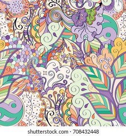 Tracery seamless pattern. Mehndi design. Ethnic colorful doodle texture. Curved doodling background. Vector