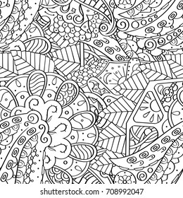 Tracery seamless pattern. Mehndi design. Ethnic monochrome binary doodle texture. Curved doodling black and white background. Vector