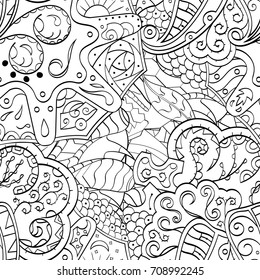 Tracery seamless pattern. Mehndi design. Ethnic monochrome binary doodle texture. Curved doodling black and white background. Vector