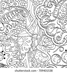 Tracery seamless pattern. Mehndi design. Ethnic monochrome binary doodle texture. Curved doodling black and white background. Vector