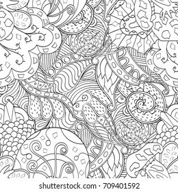 Tracery seamless pattern. Mehndi design. Ethnic monochrome binary doodle texture. Curved doodling black and white background. Vector