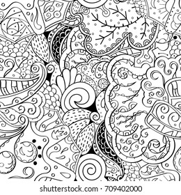 Tracery seamless pattern. Mehndi design. Ethnic monochrome binary doodle texture. Curved doodling black and white background. Vector