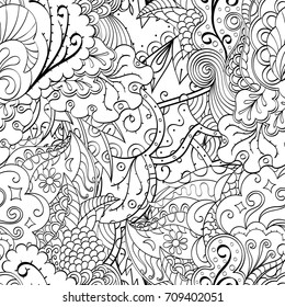 Tracery seamless pattern. Mehndi design. Ethnic monochrome binary doodle texture. Curved doodling black and white background. Vector