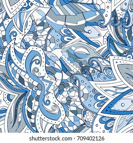 Tracery seamless pattern. Mehndi design. Ethnic colorful doodle texture. Curved doodling background. Vector