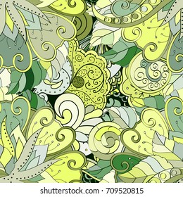 Tracery seamless pattern. Mehndi design. Ethnic colorful doodle texture. Curved doodling background. Vector