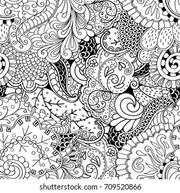 Tracery seamless pattern. Mehndi design. Ethnic monochrome binary doodle texture. Curved doodling black and white background. Vector