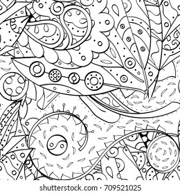 Tracery seamless pattern. Mehndi design. Ethnic monochrome binary doodle texture. Curved doodling black and white background. Vector