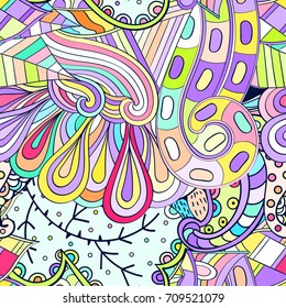 Tracery seamless pattern. Mehndi design. Ethnic colorful doodle texture. Curved doodling background. Vector