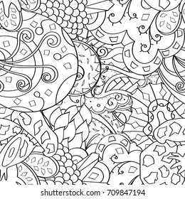 Tracery seamless pattern. Mehndi design. Ethnic monochrome binary doodle texture. Curved doodling black and white background. Vector