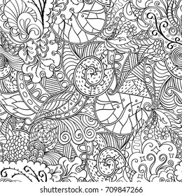 Tracery seamless pattern. Mehndi design. Ethnic monochrome binary doodle texture. Curved doodling black and white background. Vector