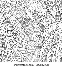 Tracery seamless pattern. Mehndi design. Ethnic monochrome binary doodle texture. Curved doodling black and white background. Vector