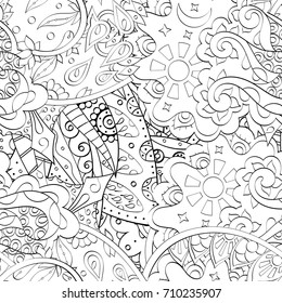 Tracery seamless pattern. Mehndi design. Ethnic monochrome binary doodle texture. Curved doodling black and white background. Vector