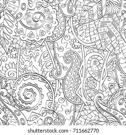 Tracery seamless pattern. Mehndi design. Ethnic monochrome binary doodle texture. Curved doodling black and white background. Vector