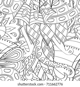 Tracery seamless pattern. Mehndi design. Ethnic monochrome binary doodle texture. Curved doodling black and white background. Vector