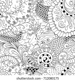 Tracery seamless pattern. Mehndi design. Ethnic monochrome binary doodle texture. Curved doodling black and white background. Vector