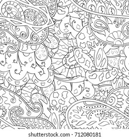 Tracery seamless pattern. Mehndi design. Ethnic monochrome binary doodle texture. Curved doodling black and white background. Vector