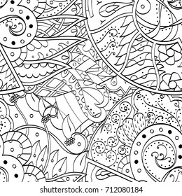 Tracery seamless pattern. Mehndi design. Ethnic monochrome binary doodle texture. Curved doodling black and white background. Vector
