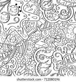 Tracery seamless pattern. Mehndi design. Ethnic monochrome binary doodle texture. Curved doodling black and white background. Vector