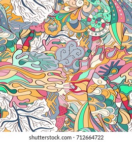 Tracery seamless pattern. Mehndi design. Ethnic colorful doodle texture. Curved doodling background. Vector