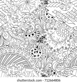 Tracery seamless pattern. Mehndi design. Ethnic monochrome binary doodle texture. Curved doodling black and white background. Vector