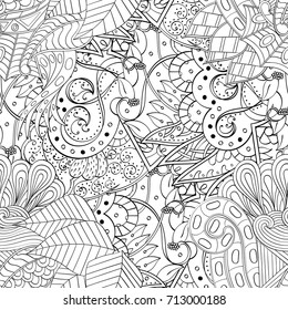 Tracery seamless pattern. Mehndi design. Ethnic monochrome binary doodle texture. Curved doodling black and white background. Vector