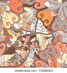 Tracery seamless pattern. Mehndi design. Ethnic colorful doodle texture. Curved doodling background. Vector