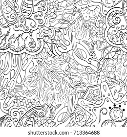 Tracery seamless pattern. Mehndi design. Ethnic monochrome binary doodle texture. Curved doodling black and white background. Vector
