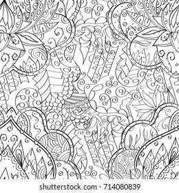 Tracery seamless pattern. Mehndi design. Ethnic monochrome binary doodle texture. Curved doodling black and white background. Vector