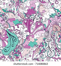 Tracery seamless pattern. Mehndi design. Ethnic colorful doodle texture. Curved doodling background. Vector