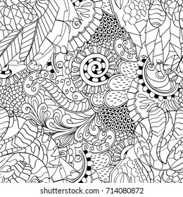 Tracery seamless pattern. Mehndi design. Ethnic monochrome binary doodle texture. Curved doodling black and white background. Vector
