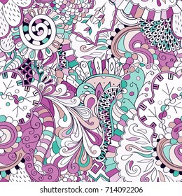 Tracery seamless pattern. Mehndi design. Ethnic colorful doodle texture. Curved doodling background. Vector