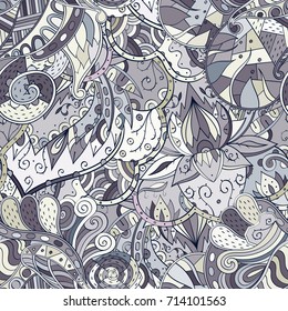 Tracery seamless pattern. Mehndi design. Ethnic colorful doodle texture. Curved doodling background. Vector