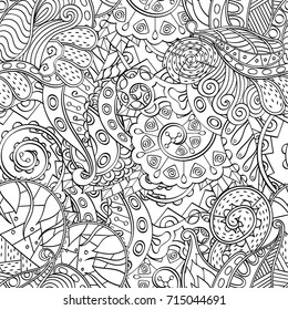 Tracery seamless pattern. Mehndi design. Ethnic monochrome binary doodle texture. Curved doodling black and white background. Vector