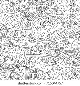 Tracery seamless pattern. Mehndi design. Ethnic monochrome binary doodle texture. Curved doodling black and white background. Vector