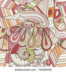 Tracery seamless pattern. Mehndi design. Ethnic colorful doodle texture. Curved doodling background. Vector