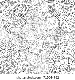 Tracery seamless pattern. Mehndi design. Ethnic monochrome binary doodle texture. Curved doodling black and white background. Vector