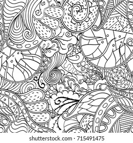 Tracery seamless pattern. Mehndi design. Ethnic monochrome binary doodle texture. Curved doodling black and white background. Vector