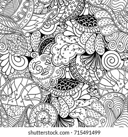 Tracery seamless pattern. Mehndi design. Ethnic monochrome binary doodle texture. Curved doodling black and white background. Vector