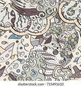 Tracery seamless pattern. Mehndi design. Ethnic colorful doodle texture. Curved doodling background. Vector